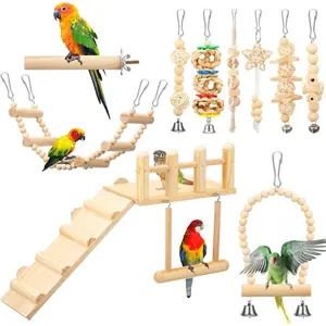 10 Pcs Bird Toys for Parakeets Cage Accessories Parrot Swing Toys and Wooden Perches Platform with Climbing Ladder for Chewing Standing Hanging Swinging Training Budgerigar Conure Cockatiel Finches