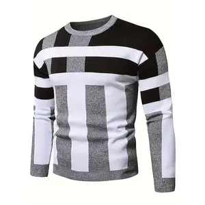Men's Color Block Round Neck Sweater, Trendy Stretch Warm Pullover For Winter Outdoor