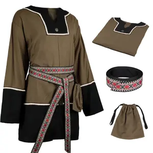 HiiFeuer 3 PCs Medieval Tunic Set Renaissance Patchwork Top Costume Sash Belt Drawstring Canvas Bag Pirate Shirt Ren Faire Clothes Brown Womenswear