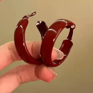 Pair of Vintage Red Large Exaggerated Hoop Earrings Zinc Alloy Posts Bold Fashion Accessory Ideal for Daily Wear Parties Autumn Winter Spring Festival