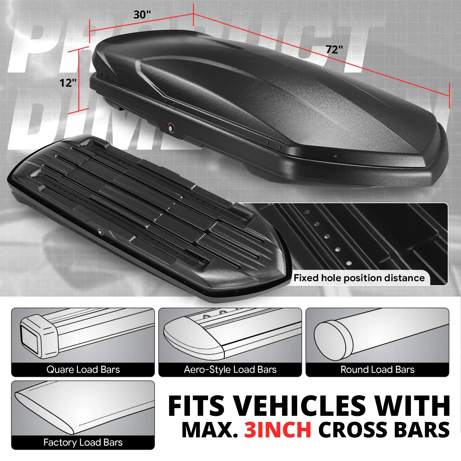 DNA MOTORING Rooftop Cargo Carrier Hard Shell, Fits Vehicles with Cross Bars, Comes with Security Locking System and Keys, 13 Cubic Feet, 72" L x 30" W x 12" H, Textured Black