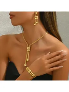 New European and American Style Women's Jewelry Set: 18K Plated Long Necklace, Geometric Fringe Earrings, Versatile Bracelet for Women