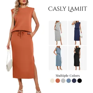 Women's 2-Piece Fitted Plain Basic Clothing Set - Comfortable, Breathable Soft Light Fabric Sleeveless Crew Neck Top & Drawstring Slit Midi Skirt with Pockets, Elegant Casual Summer Day Style Outfits, Multiple Colors, Outdoor Fun