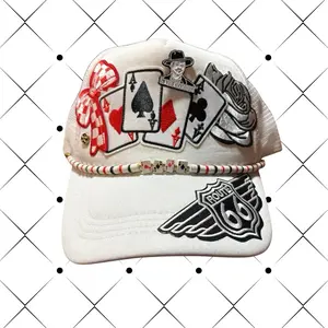 Trucker Hat with Embroidered Patch and Chain Detail for Stylish Outfits Featuring Rose and Star Patches