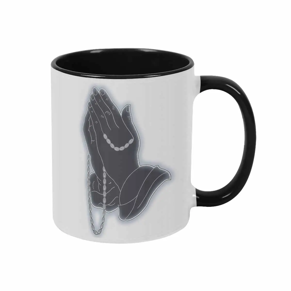 Ceramic Mug - Praying Hands With Rosary Minimalist Art, 11oz/15oz Ceramic Classic Drinkware, Halloween Gift Idea For Mom & Grandma, Christian Catholic Decor, Microwave/Dishwasher Safe Teachers’ Religious Drinkware