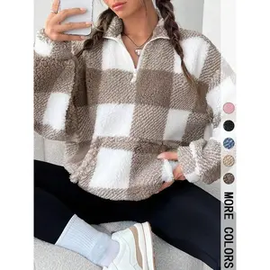 Women's Plaid Print Half Zip Drop Shoulder? Fleece? Women’s Sweatshirt, Casual Long-Sleeve Stand-Collar Pullover for Spring & Autumn, Elegant Everyday Wear
