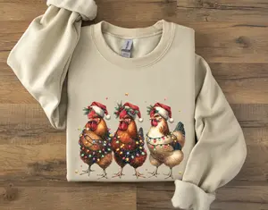 Vintage Chicken Christmas Sweatshirt, Trendy Retro Cute Animal Party, Funny Chickens Xmas Holiday Lights Shirt Unisex Crewneck Sweaters Gift
