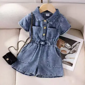 Toddler and Children's Girls'-Piece Outfit Short-Sleeve Blue Denim Jumpsuit Summer Clothing