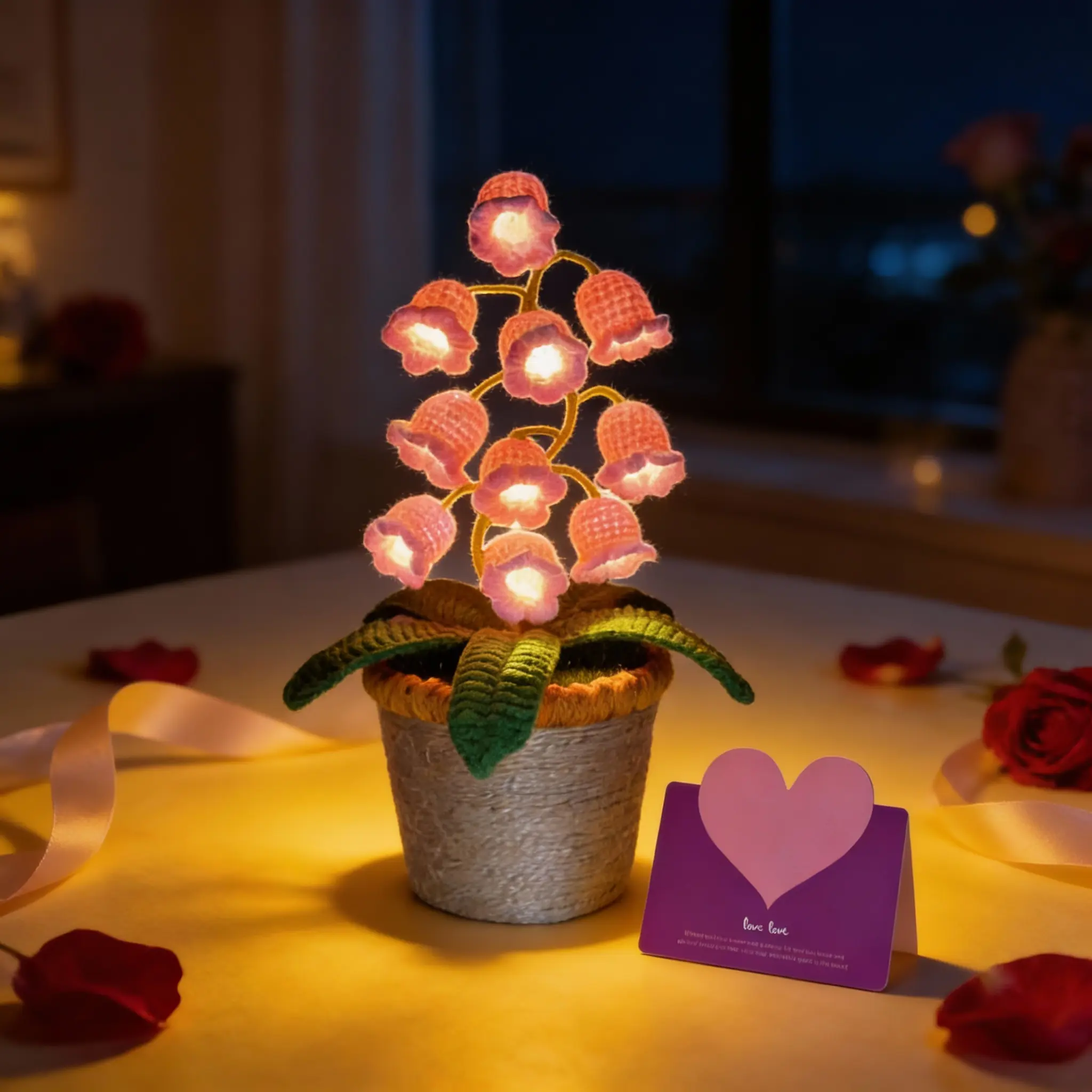 Handmade Crocheted Lily of the Valley LED Lantern| Special Crochet Lily of the Valley LED Light, Cute Bedside Desk Decor, Unique Present for Mom, Girlfriend, Women