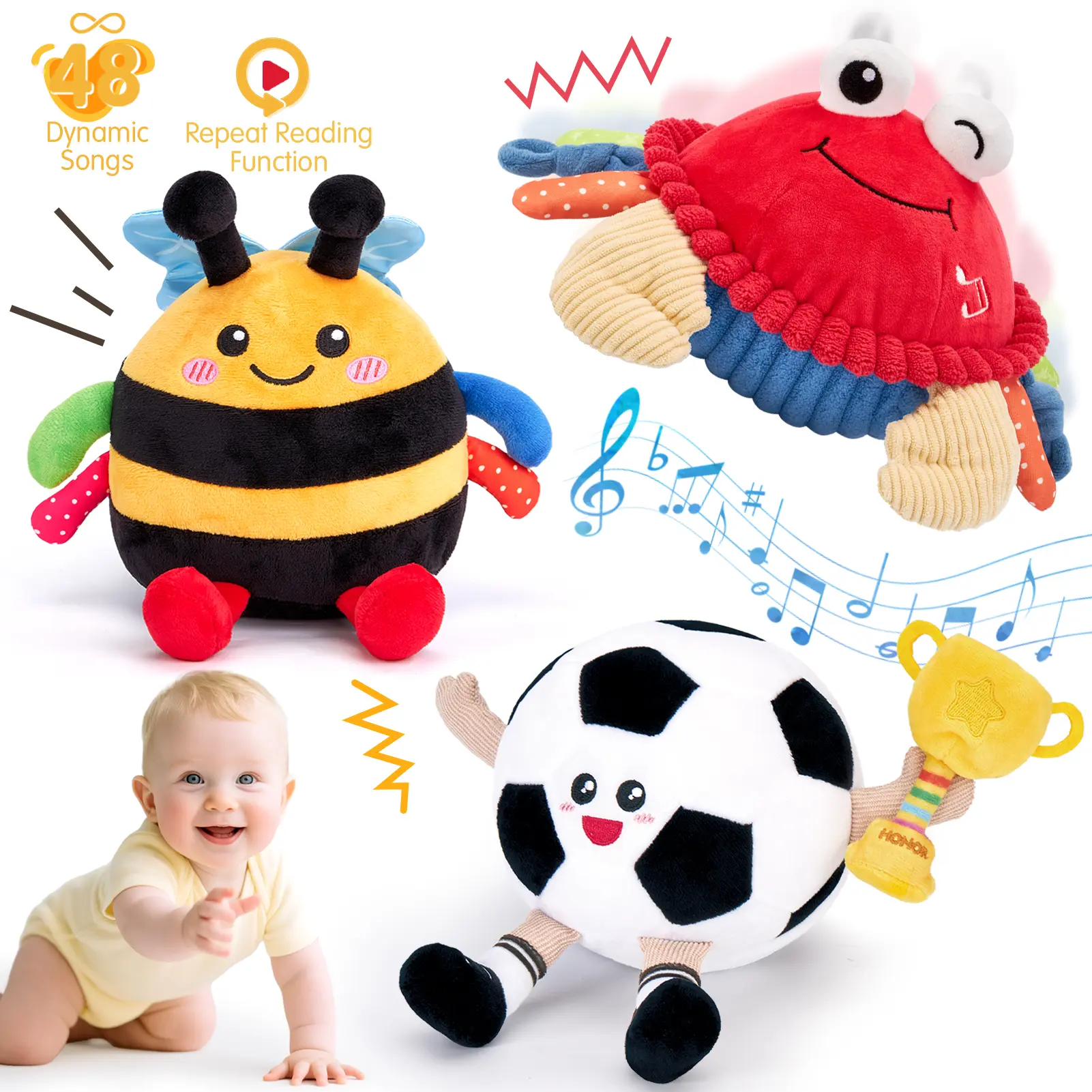 Hahaland Musical Interactive Dancing Crab/Bee/Football Plush Toy - 48 Songs & Repeat What You Say- Walking Moving Bouncing Crawling Toddler Toy 1-3 Baby Toy Infant Tummy Time Toy 0-3-6-12-18 Months Birthday ,#backtoschool, Birthday Gifts