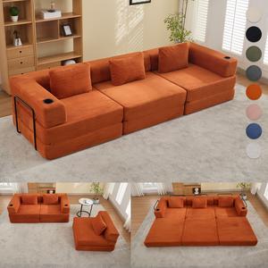 SOUTTEE 115" Modular Floor Sofa Bed with Two Cup Holders High-Quality Corduroy Fabric Free Combination Design Premium Sponge Padding Multifunctional for Small Spaces Living Room Mattress