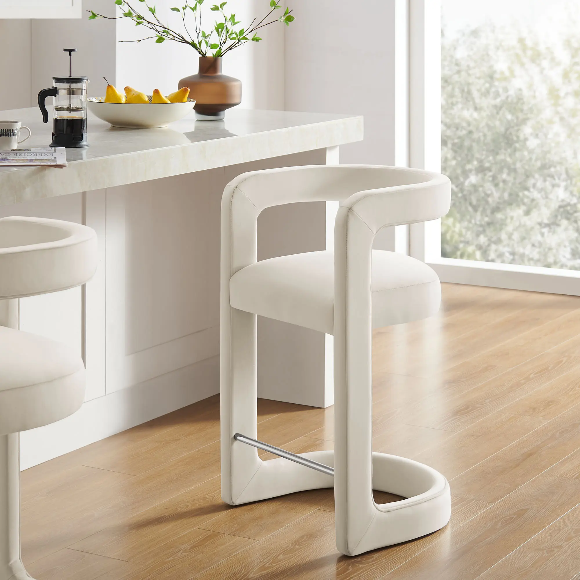 Winslow Performance Velvet Counter Stool - Alabaster Kitchen Bar Stool with Curved Design, 35" Height, Continuous Footrest, Kitchen Bar Stools