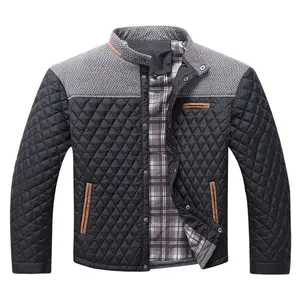 [Quilted Men's Jacket] Lightweight Quilted Men's Jacket |   Warm, Casual Style with Pockets, Stand Collar, Button-Up Front, Beige & Gray Color Block, Polyester Fabric, Perfect for Fall & Winter
