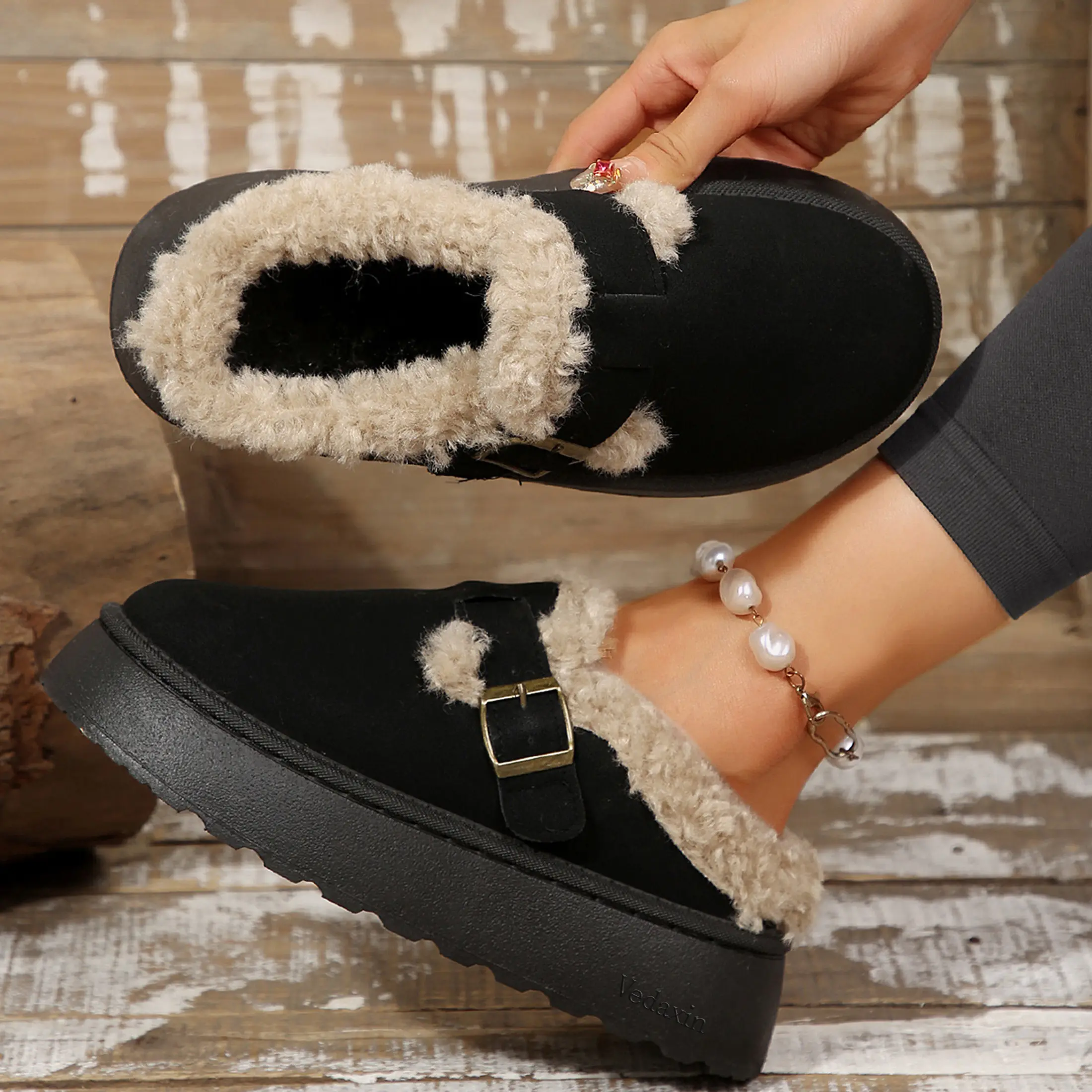 Ladies' Warm Suede Slippers with Fuzzy Trim Winter Warm Mini Snow Boots and Buckle Detail Indoor Outdoor Shoes Stylish Punk Clogs Platform