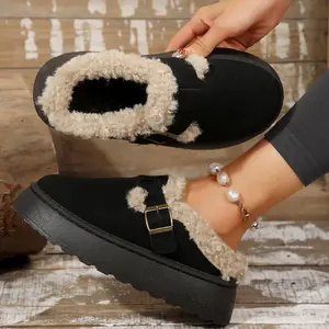 Ladies' Warm Suede Slippers with Fuzzy Trim Winter Warm Mini Snow Boots and Buckle Detail Indoor Outdoor Shoes Stylish Punk Clogs Platform