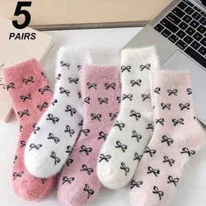 5 Pairs Women's Thick Warm Fuzzy Socks With Bow Design, Comfort Home Socks For Autumn/Winter Breathable Cute Casual Fluffy Ankle Socks Soft Fit