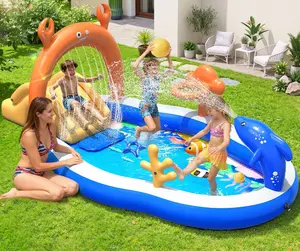 Large Inflatable Play Center for Kids, 121''x71''x51'' Backyard Water Park with Slide, Sprinkler & Kiddie Pool, Blow-Up Toddler Water Play Equipment