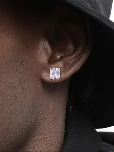 Men's Simple Geometric Square Stud Earrings, Shiny Artificial Zircon, Copper Chain, Casual Style, All Seasons Jewelry, Elegant Minimalist Earrings