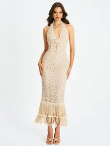 Faelyn Off-White Double Fringe Crochet Halter Maxi Dress