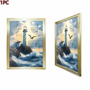 1pc Framed Gold Frame Framed Canvas Art Print Seaside Lighthouse Scene For Living Room Bedroom And Study Decor With Golden Frame And Ocean Waves Design