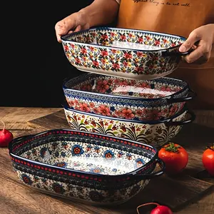 Retro Ceramic Baking Pan, Dual Handle Serving Bowl, Household Kitchen Tableware, Unique Double Ear Bowl, Soup & Salad Platter, Oven Safe Casserole Pot