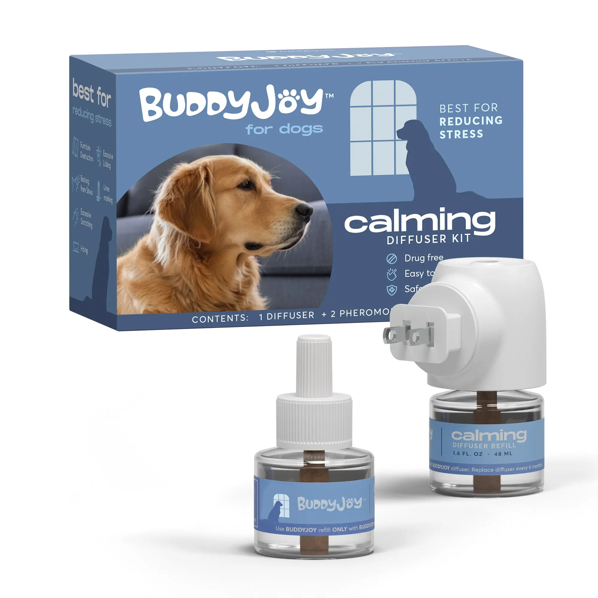 BUDDYJOY Dog Calming Diffuser Kit – Long-Lasting 30-Day Formula with Pheromones for Stress Relief, Relaxation, and Anxiety Reduction in Dogs Easy to Use – (1 Diffuser + 2 Refills)