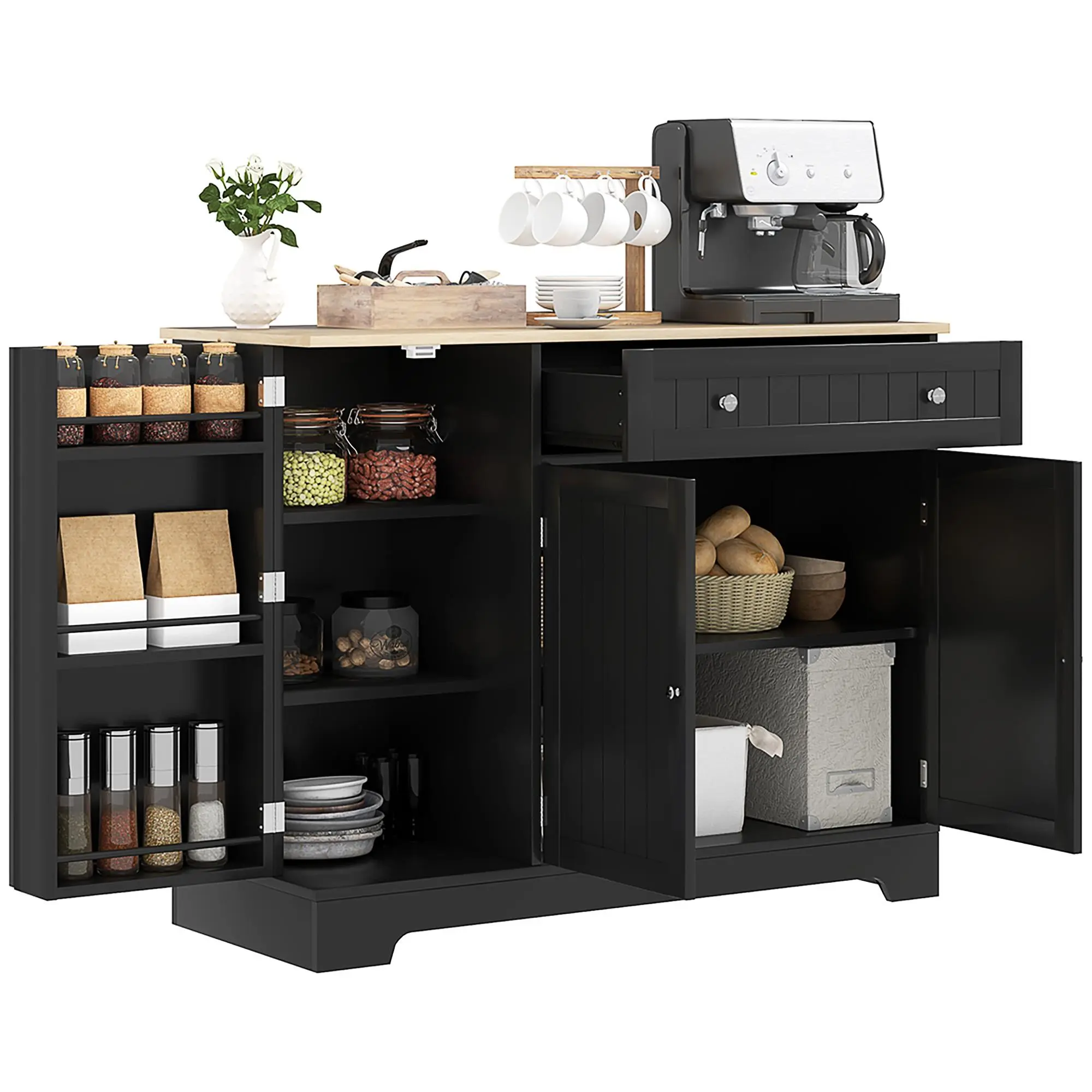 Carbon Black Adjustable Shelves Beadboard Child-Friendly Compact Freestanding Coffee Bar Cabinet, 32.7-Inch Height Buffet with 3 Doors, 3-Tier Door Racks for Tall Mugs, Ideal for Dining Room, Adjustable Shelves Cabinets, Beadboard Cabinets