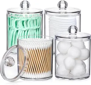 4 Pack Acrylic Holder Dispenser for Cotton Swabs, Balls, Pads, Small Clear Plastic Jar Set, Bathroom Essentials Accessories Decor, Vanity Makeup Storage Cosmetic Organizer