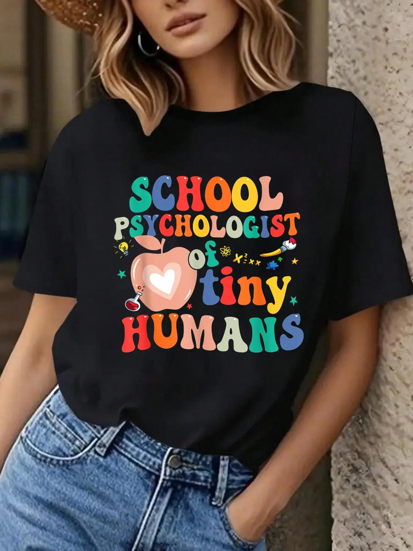 100% Cotton Unisex Boho School Psychologist Of Tiny Humans First Day Of School T-Shirt, Women Graphic T Shirts T-Shirt Top