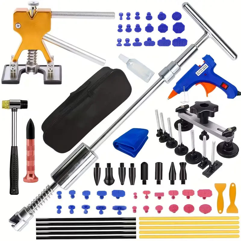 77pcs Paintless Dent Remover Tool for Car, Auto Repair Supplies with T-bar Puller, Golden Lifter Bridge, Sheet Metal Glue Stick, Automotive Tools for Cars/Motorcycles