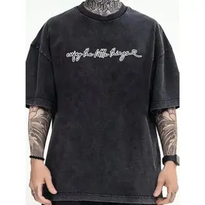 Men's Vintage Washed Cotton T-Shirt - Loose Fit Streetwear Crew Neck Tee with Cursive Lettering & Heart Symbol Print, Breathable Summer Casual Top, Machine Washable, Vintage T Shirts, Casual Attire, Soft Texture Shirt
