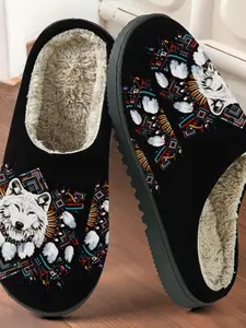 Indian Wolf Totem Print Cotton Slippers, Ethnic Wild Style, Fuzzy Lined Anti-Slip Thick Sole, Home Use House Slides Men Women Fall Winter Warm Shoes