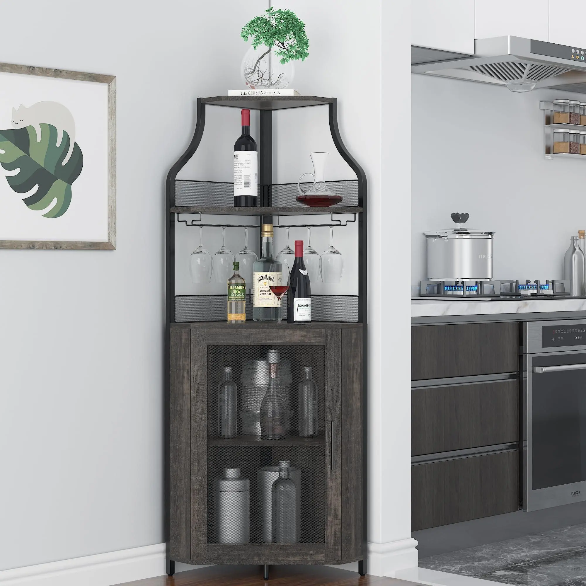 GARVEE 5 Tier Wine Rack Freestanding with Glass Holder and Wine Storage, Industrial Wine Bar Cabinet with Metal Mesh Doors, 50 Bottles Wine Baker's Rack for Bar, Kitchen, 47 x 34 x 154 cm,Rustic Oak