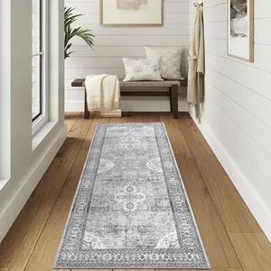 【GARVEE】Vintage Runner Rug 2x6 Hallway Runner Rug Washable Rug Oriental Floral Distressed Mat Low Pile Non-Slip Entryway Runners Kitchen Rug for Laundry Dining Room Bedroom Living Room Playroom Grey