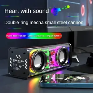 Portable V8 Transparent Mecha Bluetooth 5.0 Speakers, Audio Device with Double Bass Diaphragm Subwoofer, TWS Connection, Colorful RGB Lights, Charging Function, Mini Party Loudspeaker for Indoor Recreation