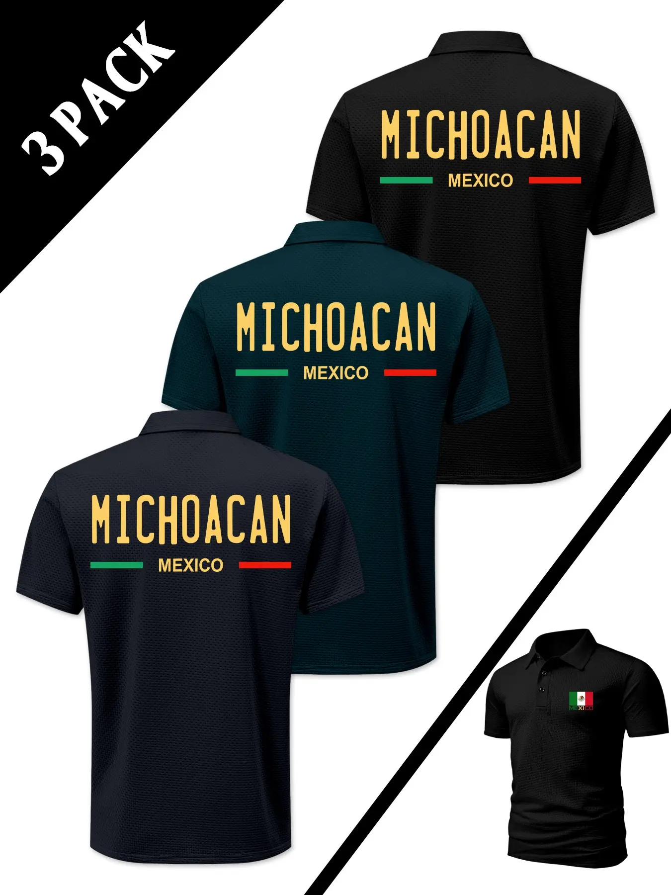 3-Pack Michoacan Mexico Theme Premium Fitted Polo Shirts, Men's Collared Texture T-Shirts, Casual Long Sleeve Fitted H-Type Top, Durable Daily Wear