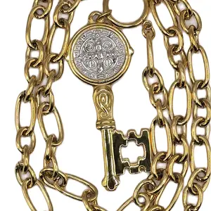 Key San Benito Abad Chain Necklace with Gold Color Decorative Chain Design and Key Pendant for Stylish Accessory
