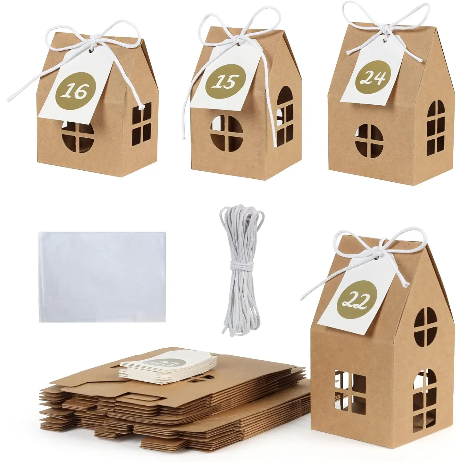 GWHOLE 24Pcs Empty Advent Calendar to Fill, Paper House Shaped Small Gift Boxes with 1-24 Number Tags Countdown to Christmas, Christmas Gingerbread Treat Boxes for Xmas Decoration Gifts Wrapping GWHOLE