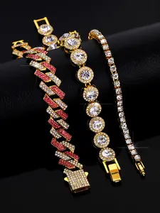 Street Punk Iced Out Blingbling Bracelet Set, 3-Piece Design, Stackable Bracelets, Ideal for Men & Women, Perfect for Casual Everyday Use