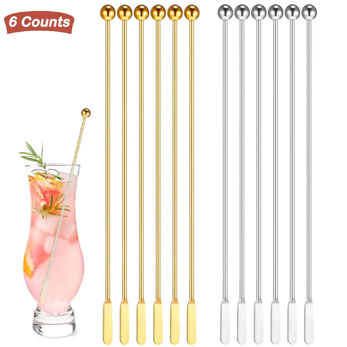 6Counts Reusable Stainless Steel Stirrers, 7.5 Inch Stainless Steel Coffee Stirring Rods, Mixing Rods | Cocktail Stirrers, Drink Stirrers, Beverage Stirrers, Mirror Polished, Sturdy, Dishwasher Safe Home Bar Accessories, Home Bar Tools, Utensils