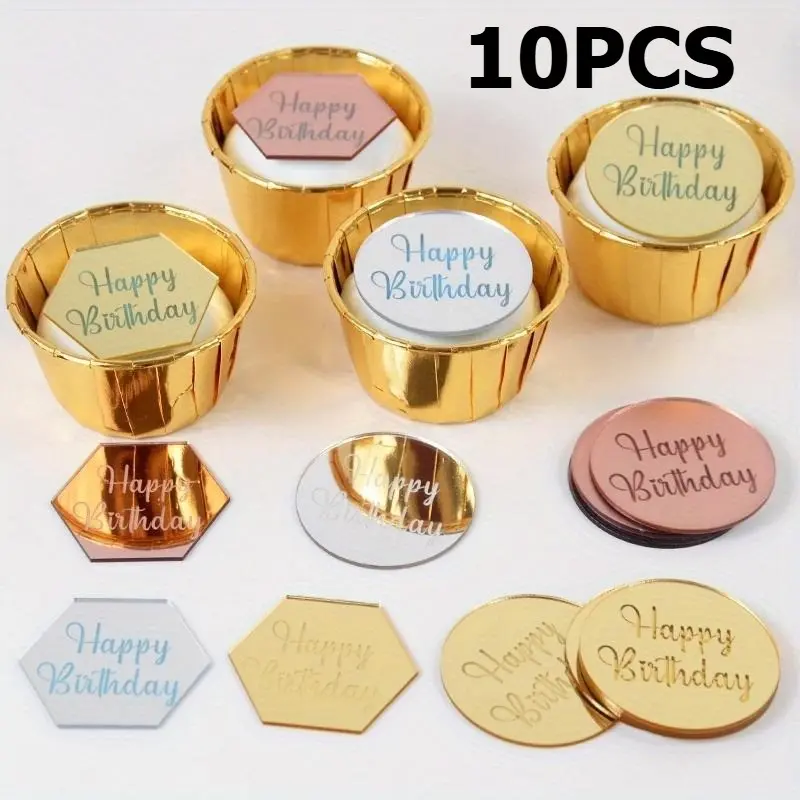 10pcs Happy Birthday Cake Toppers Gold Gold Acrylic Round Cupcake Toppers For Kids Birthday Baby Shower Party Cake Decor Tools Cake Decorations, Cake Decorating Supplies