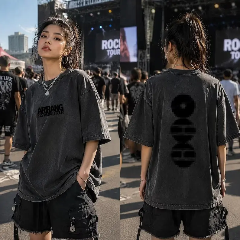 Retro Arirang World Tour Washed T Shirt, Inspired Kpop Streetwear, Oversized Double Print Unisex Top For Concert Attire