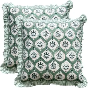 Hand Block Printed   Ruffle Throw Pillow Covers, Set of 2, Decorative Cushion Covers for Sofa, Couch, Bed, Living Room, Bedroom  Decor for Spring Summer, 18 X 18 Inch, Kari Green