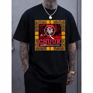 Men'S Chukotka Micronesia-Inspired Graphic T-Shirt - Casual Crew Neck, Short Sleeve, Summer Tee with Bold Red & Black Print, Lightweight Polyester Blend for Vacation or Casual Attire