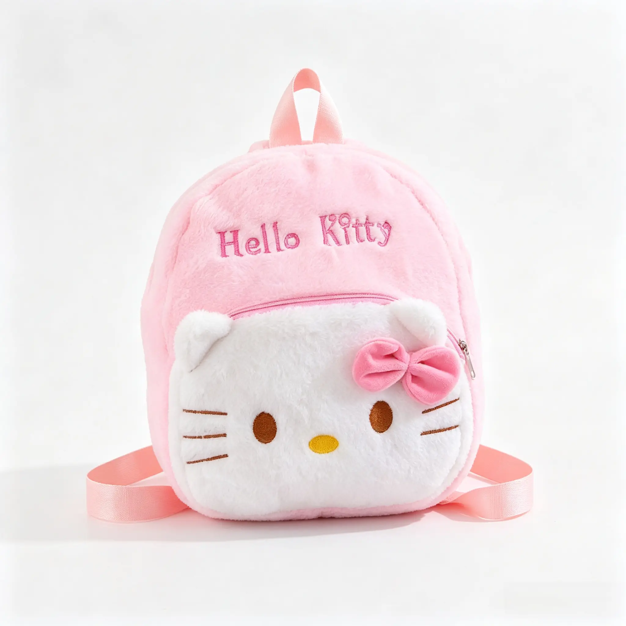 Sanrio Hello Kitty Plush Fabric Mini Compact Backpack, Soft Fluffy Small Shoulder Bag with Shoulder Strap, Cute Casual Daypack for Daily Use, Ideal Gift for Sanrio Kawaii Collectors