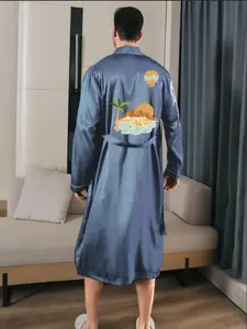 Men's Regular Fit Palm Tree Print V Neck Bathrobe, Casual Soft Comfortable Long Sleeve Dressing Gown, Men's Sleepwear for Spring