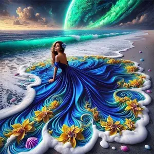5D DIY Full Drill Round Diamond Painting - Diamond Painting Kit Blue Long Dress Mosaic Canvas DIY Wall Art, Home Wall Decoration