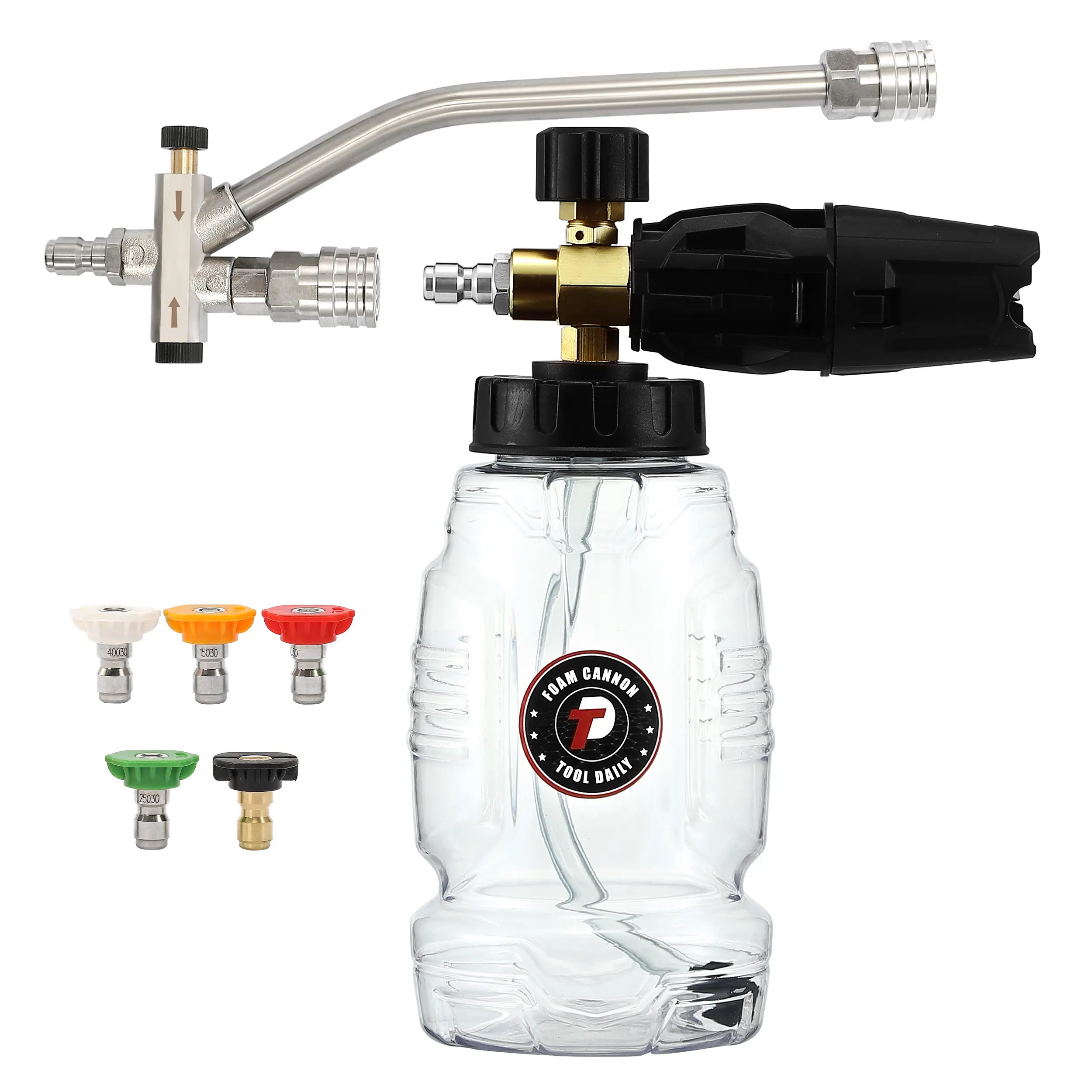 1L Stainless Steel Car Washing Pressure Washer Foam Cannon, 1/4”-Quick Connect Dual Connector Accessory with Double-Tip Attachment, 5 Nozzle Tips, Car Washing Spray, Window Cleaning Tool, Father’s Day Gift