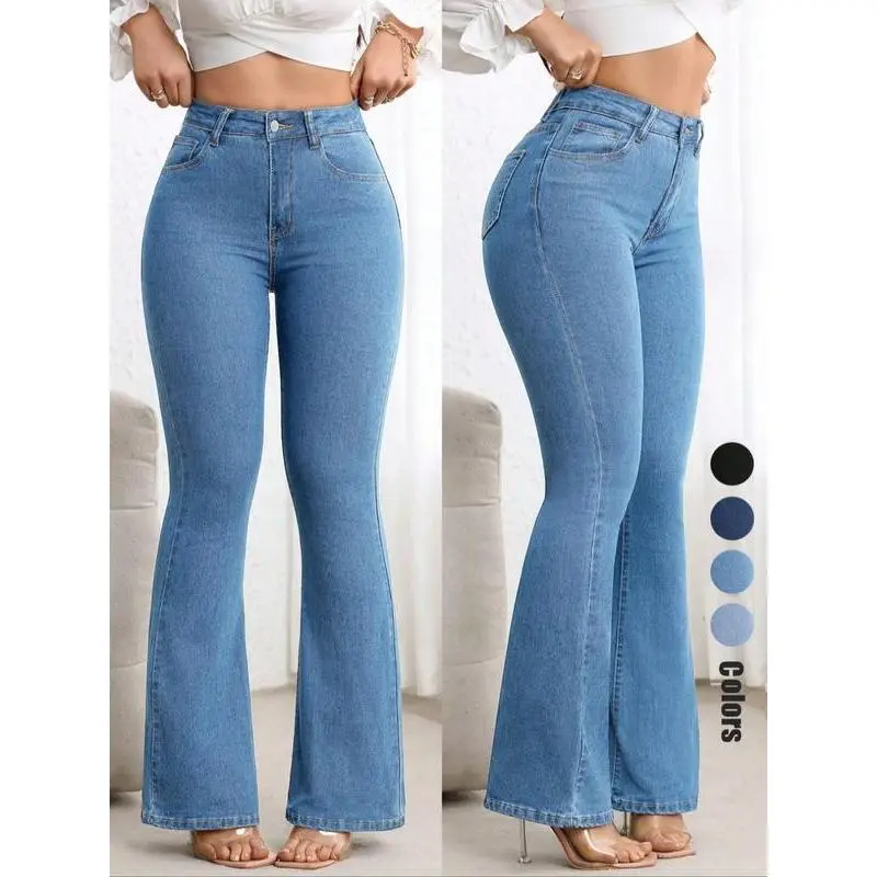 New Women's High-Waist Slim-Fit Elastic Full-Length Flared Denim Pants, Plain Button-Front Basic Bottoms, Comfortable Elegant Design, All-Season Casual Wear, Flare Cut,clothes for back to school,first day of school outfits