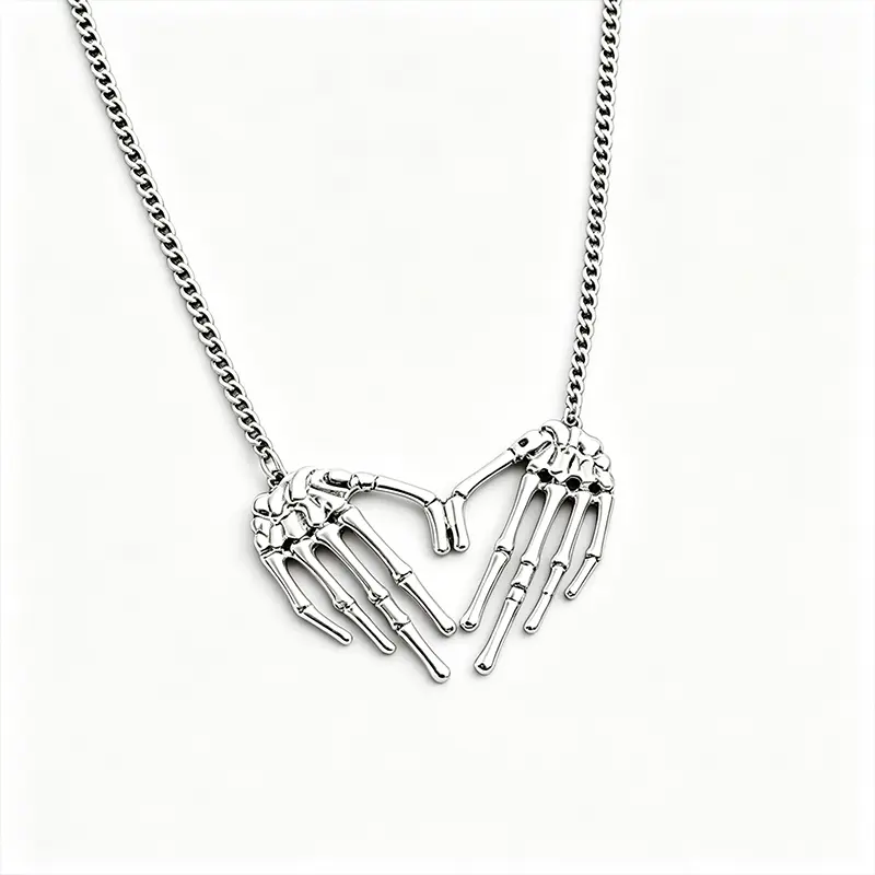Skeleton Hand Heart Pendant Necklace, Gothic Silver Plated Chain Jewelry for Men & Women, Retro Punk Dark Aesthetic Accessory, Chain Jewelry Necklaces, Fashion Jewelry Trends